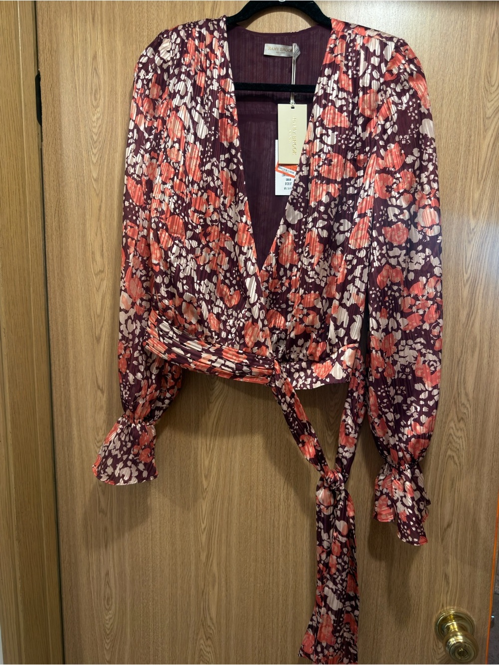 Ramy Brook Burgundy Floral Wrap Tie Blouse